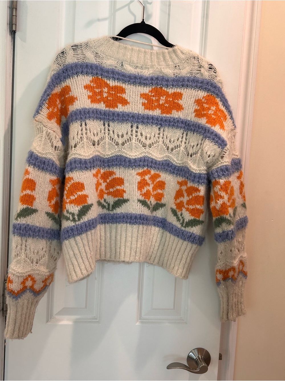 Vero Moda Floral Fair Isle Knit Sweater Cream Open Knit Cozy Cottagecore Boho - Picture 5 of 9